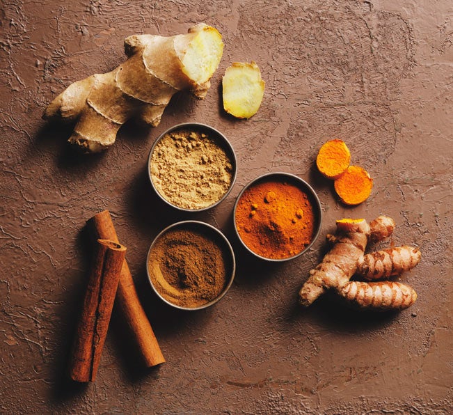 Herbs and spices laid out on a table